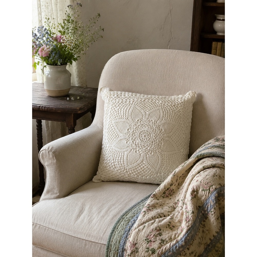 Ann's White/Ivory Crochet Lace Cotton Throw Pillow Floral Mandala Square 14x14